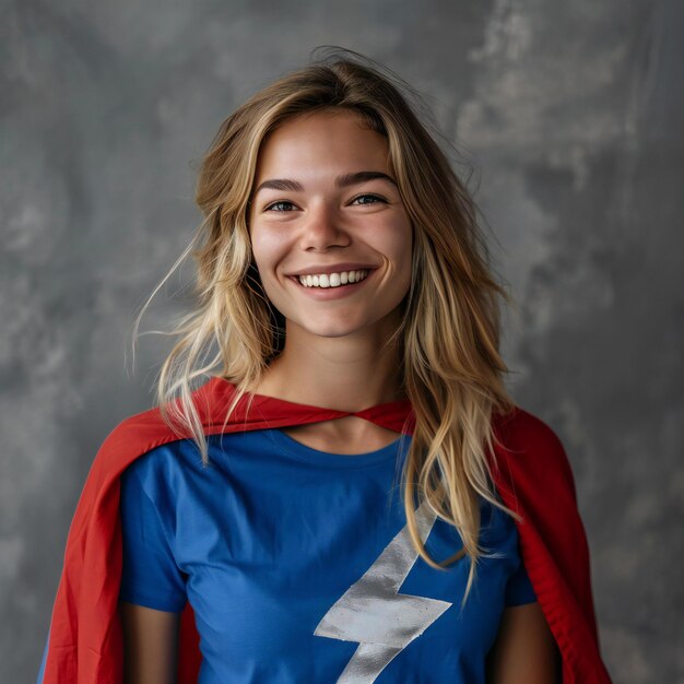 Photo smiling woman in superhero costume with blue tshirt and red cape on grey background