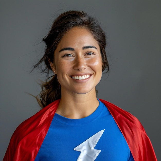 Photo smiling woman in superhero costume with blue tshirt and red cape on grey background