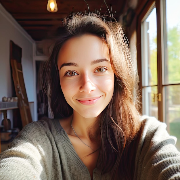 Photo smiling woman taking a casual selfie indoors during daytime