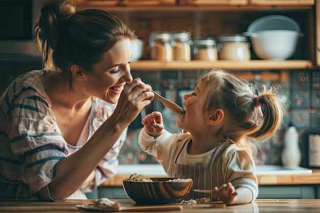 Smiling woman tasting a food to her daughter with a wooden spoon in the kitchen