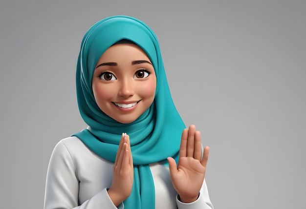 Smiling Woman in Teal Hijab Offering a Warm Greeting