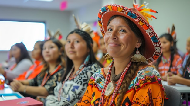 Smiling Woman in Traditional Indigenous Attire Participating in Cultural Workshop with Group