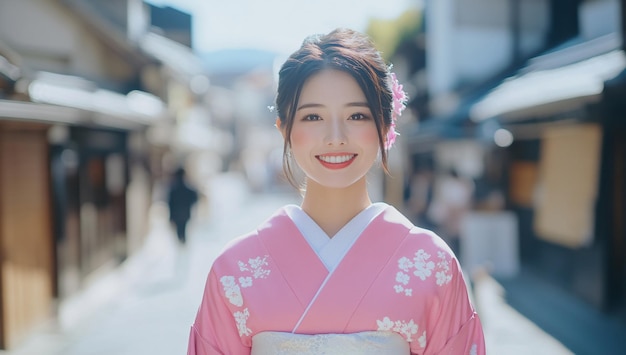 Smiling woman in traditional Japanese kimono with floral pattern