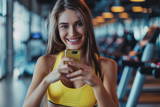 Smiling Woman Using Phone on Treadmill with AI generated