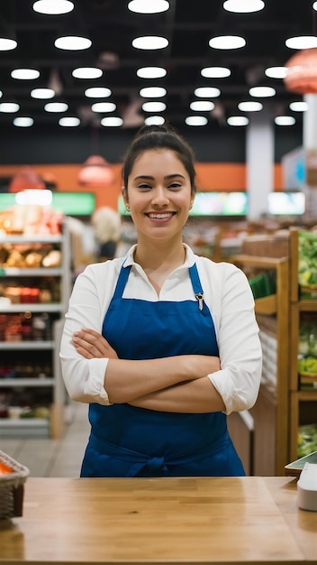 Smiling woman vendor standing at the counter in grocery store with arms crossed