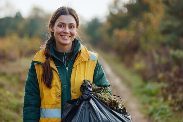 Photo smiling woman in vest carrying black bag of plants