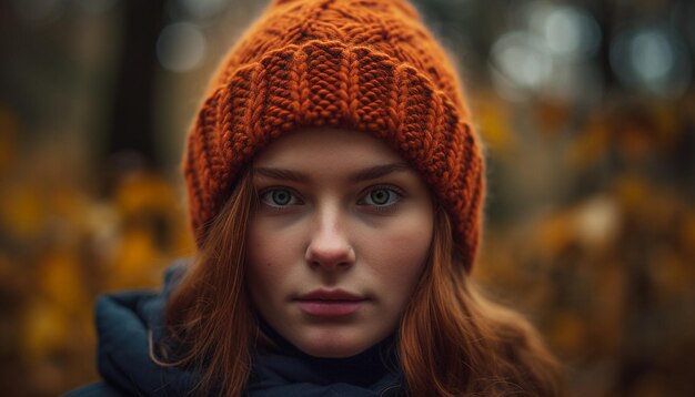 Smiling woman in warm clothing looking at camera in autumn forest generated by artificial intelligence