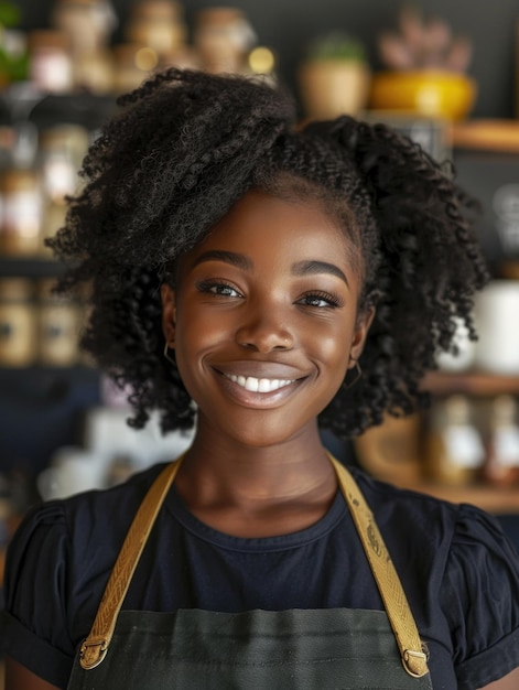 A smiling woman wearing an apron stands in front of a camera ready for a task