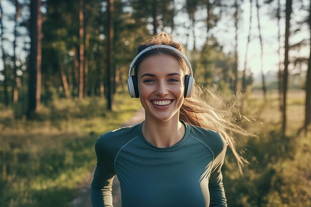 A smiling woman wearing headphones and a teal workout shirt stands in a forest