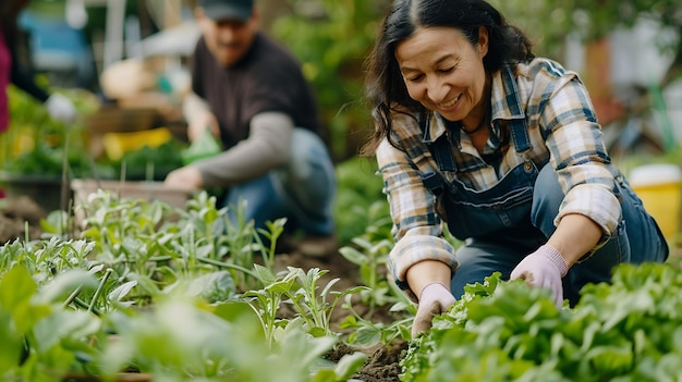 A smiling woman wearing a plaid shirt and denim overalls is kneeling in a garden She is tending to a row of lettuce plants