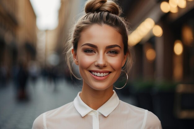 smiling woman wearing a silk screenwhite tshirt