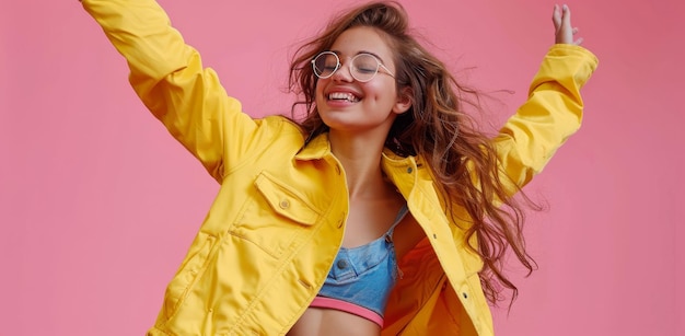 Photo smiling woman wearing a yellow jacket and sunglasses posing on pink background