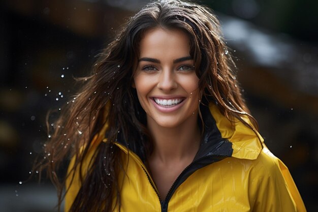 Smiling woman wet hair looking at camera enjoying rain