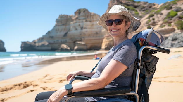 Smiling Woman in Wheelchair at the Beach