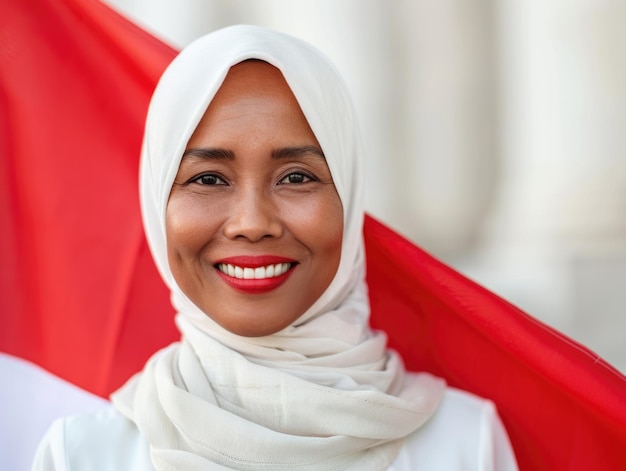 Photo smiling woman in white hijab with indonesian flag background indonesia independence day