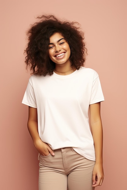 Smiling Woman in White TShirt and Khaki Pants