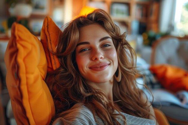 Smiling woman with autumnal colors and cozy vibes