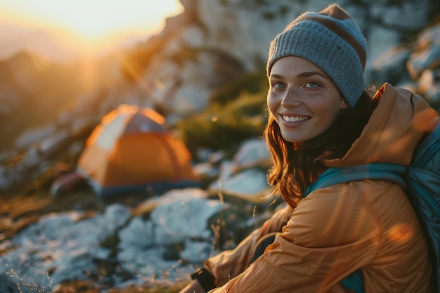 Photo smiling woman with backpack enjoying camping trip in mountains and beautiful sunrise background