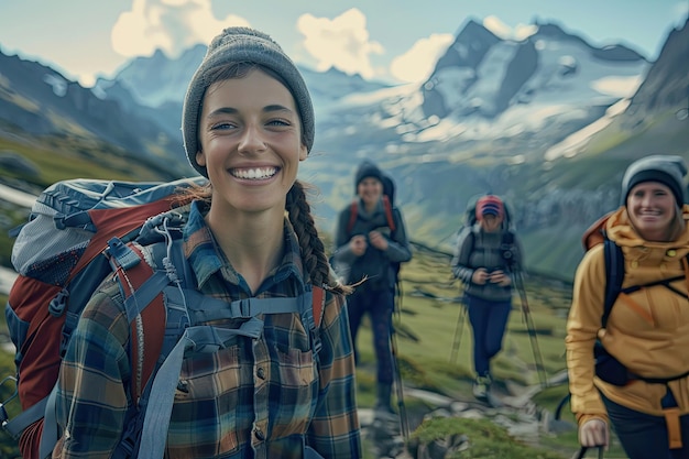 Smiling Woman with Backpack Hiking in the Mountains Accompanied by Friends