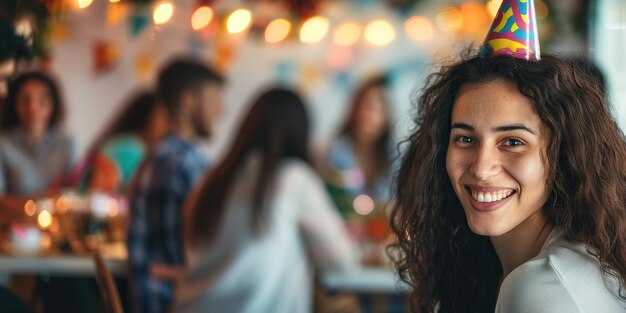 Smiling woman with a birthday hat at a party with friends in the background