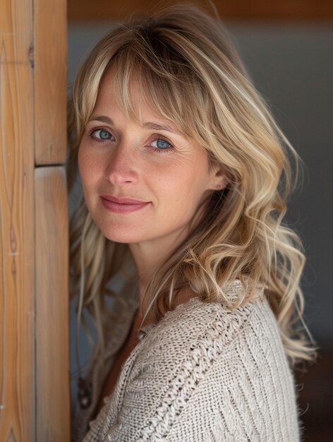 Smiling Woman with Blonde Hair in Cozy Sweater