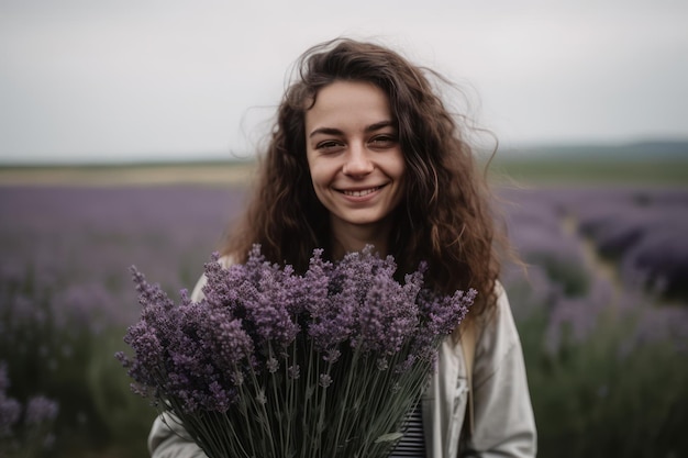 Smiling woman with bouquet of lavender flowers standing in field