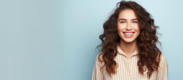 Smiling woman with brown hair presents copy space for promotion