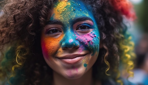 Smiling woman with colorful face paint celebrates joyfully generated by AI