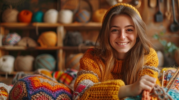 Photo smiling woman with colorful yarn