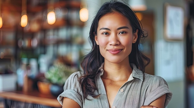 Smiling woman with crossed arms standing in a cozy cafe environment