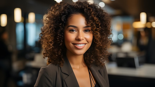 smiling woman with curly hair and a blazer in a dark room Generative AI