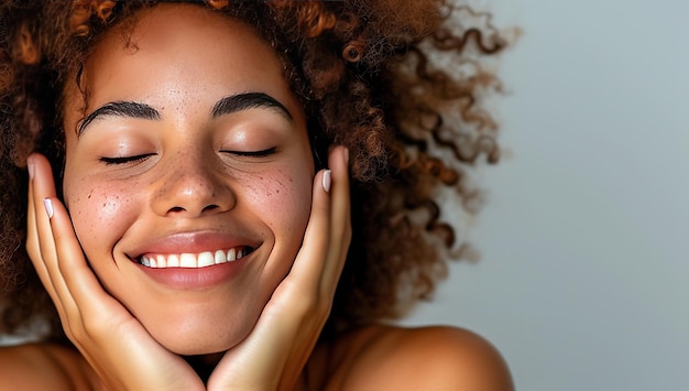 Smiling woman with freckles The concept of natural beauty