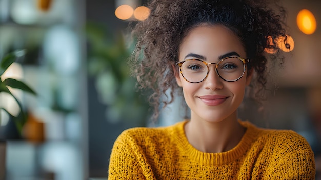 smiling woman with glasses in cozy cafe wearing yellow sweater natural light