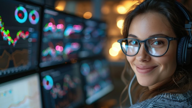 A smiling woman with glasses and headphones analyzing stock market data on multiple monitors in a modern office environment