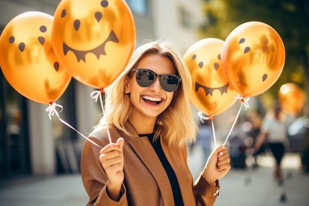 Photo smiling woman with halloween balloons pointing at you