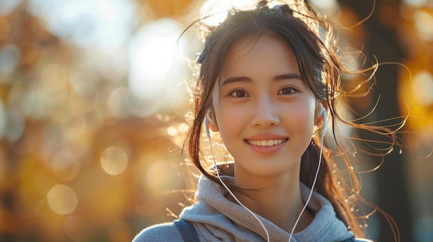 Smiling Woman with Headphones in Autumn