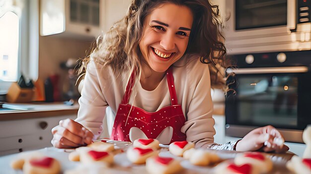 Photo smiling woman with heart apron baking valentine39s cookies