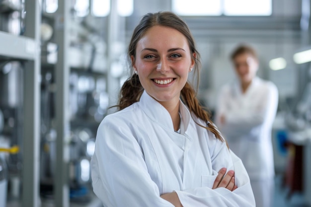 Photo a smiling woman with her arms crossed in front of a camera