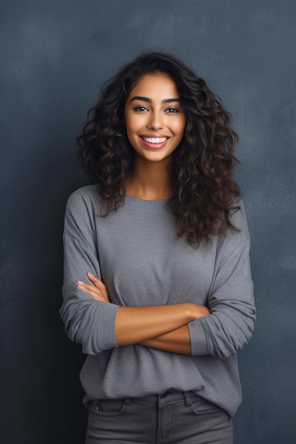 Smiling woman with her arms crossed in front of chalkboard background Generative AI