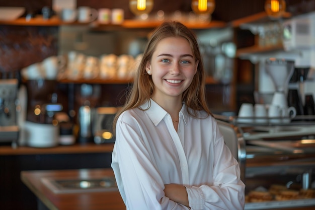 a smiling woman with her arms crossed in front of a coffee shop