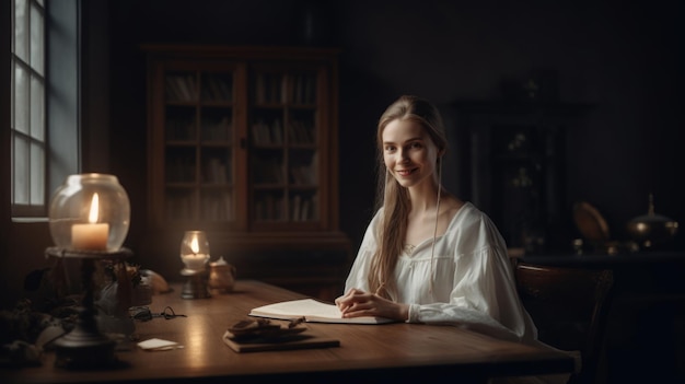 Smiling woman with laptop and book working for a company in a library Generative AI AIG21