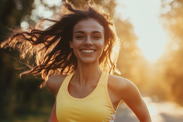 Smiling woman with long brown hair blowing in the wind wearing a yellow sports bra with the sun shining in the background