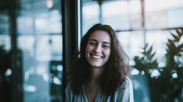 Smiling woman with long brown hair standing in front of a window