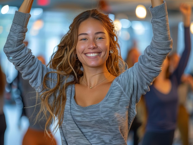 Photo smiling woman with long brown hair wearing a grey sweater