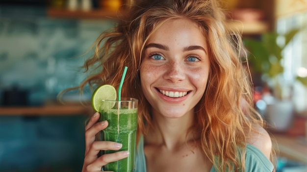 Smiling Woman With Long Red Hair Holding a Green Smoothie