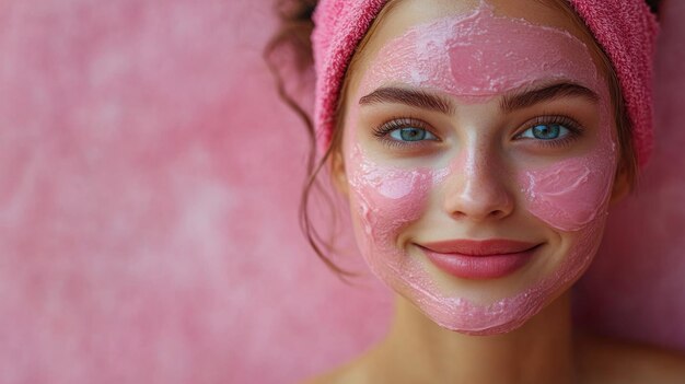 Smiling Woman with Pink Face Mask