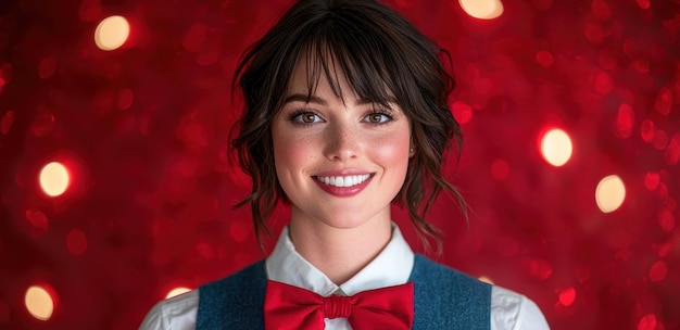 Smiling woman with red bow tie and blurred lights