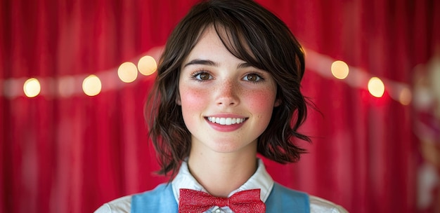 Smiling woman with red bow tie and curtain background