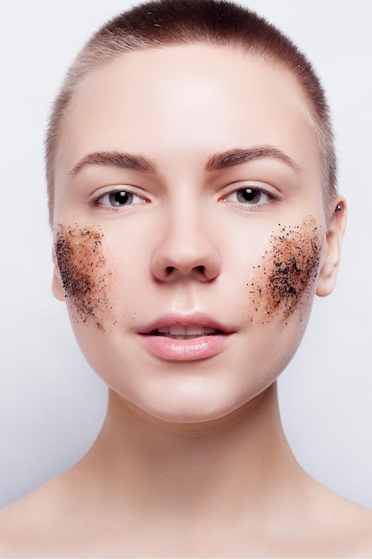 Smiling woman with short hair bald cleans the skin coffee skrub studio shot closeup portrait