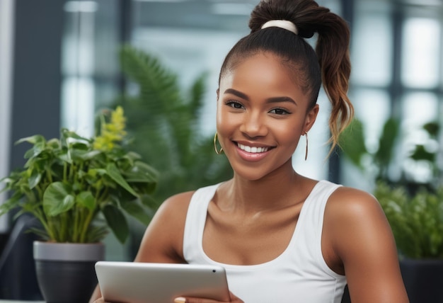 A smiling woman with a tablet in an office filled with plants